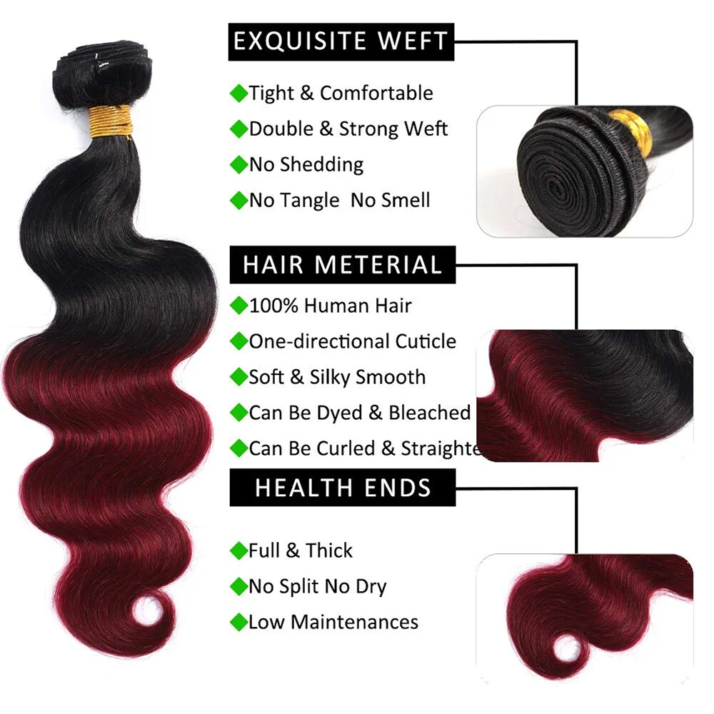 Human Hair Ombre 1B/99J Body Wave 3 Bundles With Closure 100g/Bundle