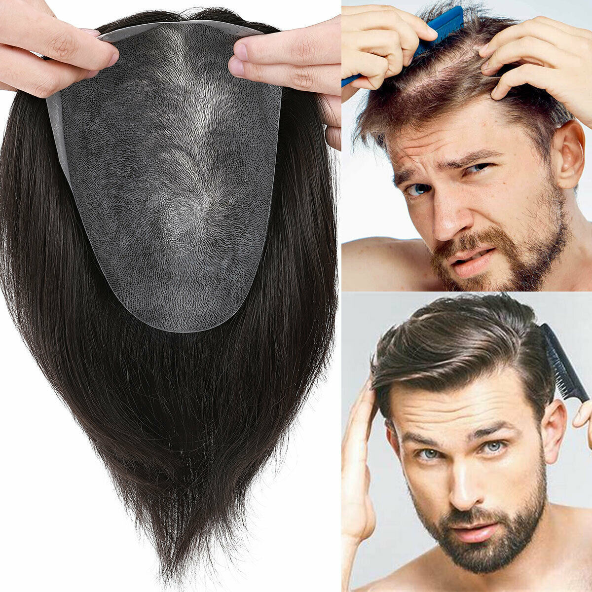 US Thin Skin Toupee Invisible Men Hair Replacement System for Bald Hairpiece Wig