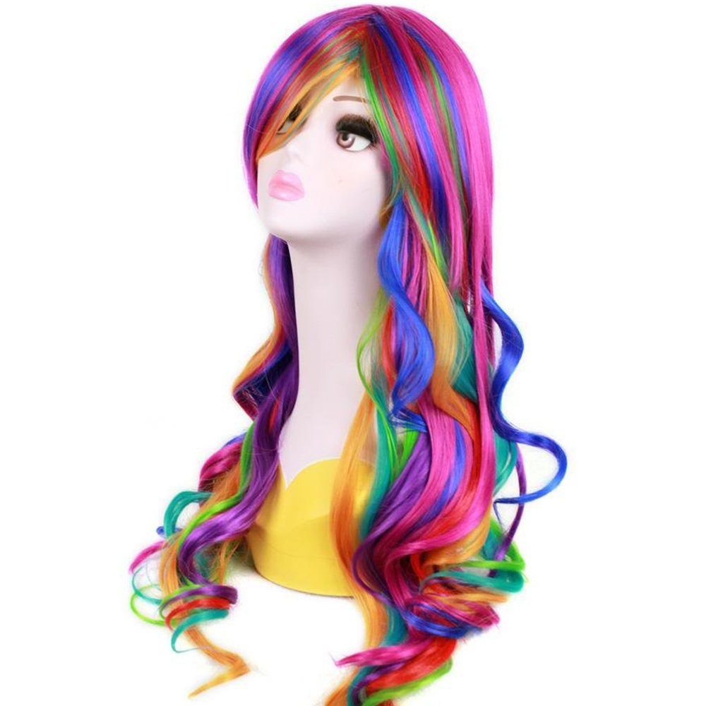 Rainbow Wig Long Curly Wig with Bangs for Women Colorful Wigs Long Wavy Rainb…