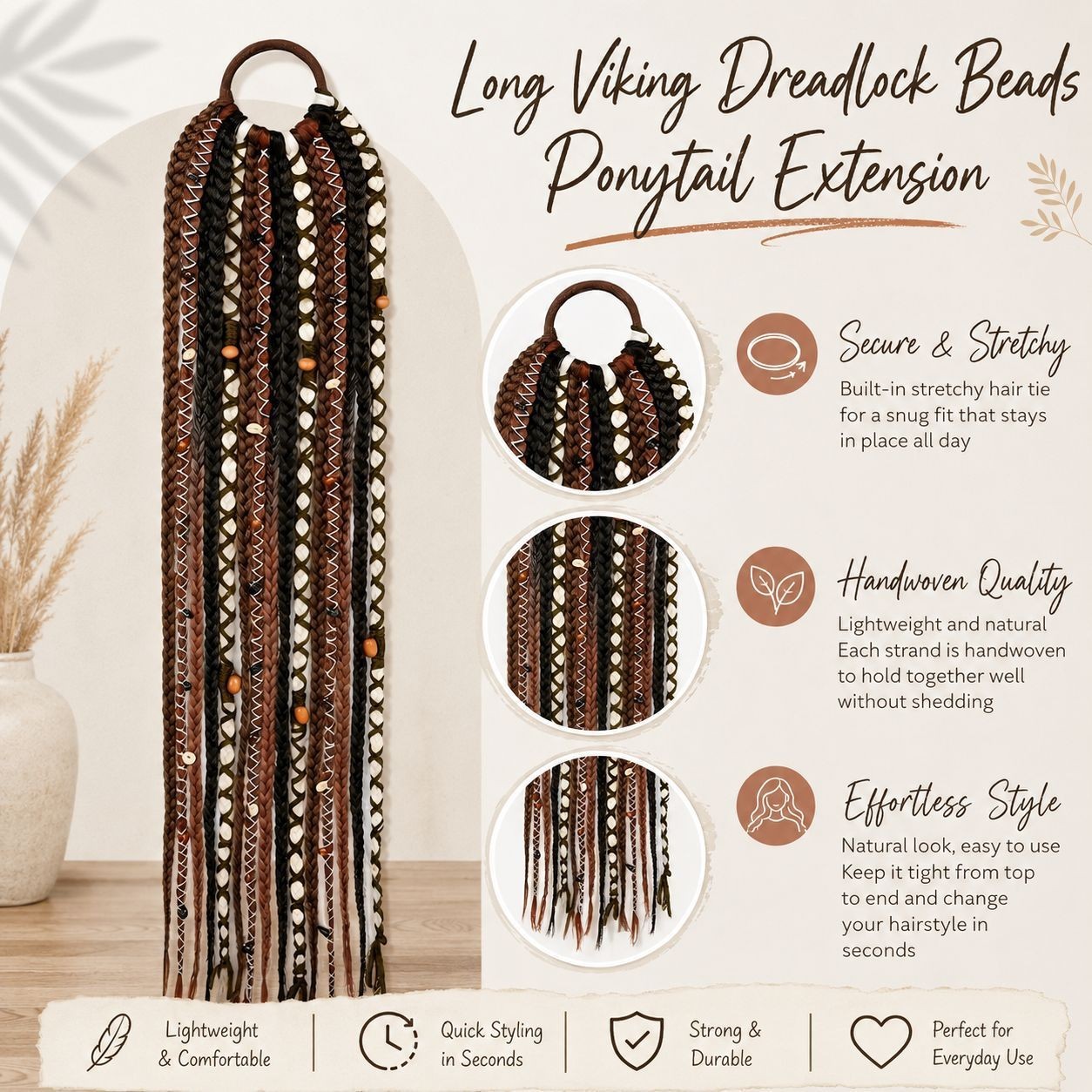 24 Inch Boho Braided Ponytail Hair Extension Dreadlock Beads Women Synthetic Wra