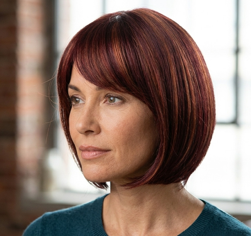 RENERSHOW Short Burgundy Highlight Bob Wig bangs red pixie women synthetic daily