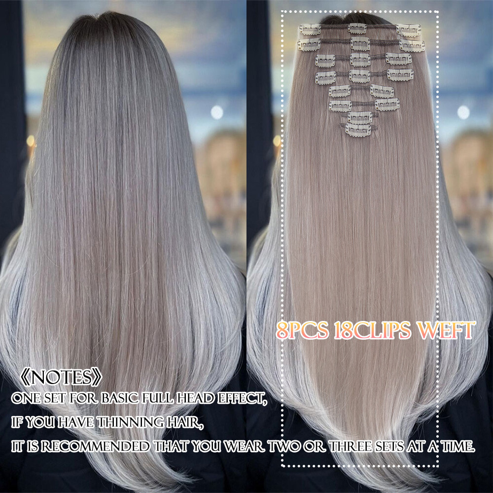 100% Human Hair Clip In Remy Hair Extensions Real Soft FULL HEAD Invisible Grey#
