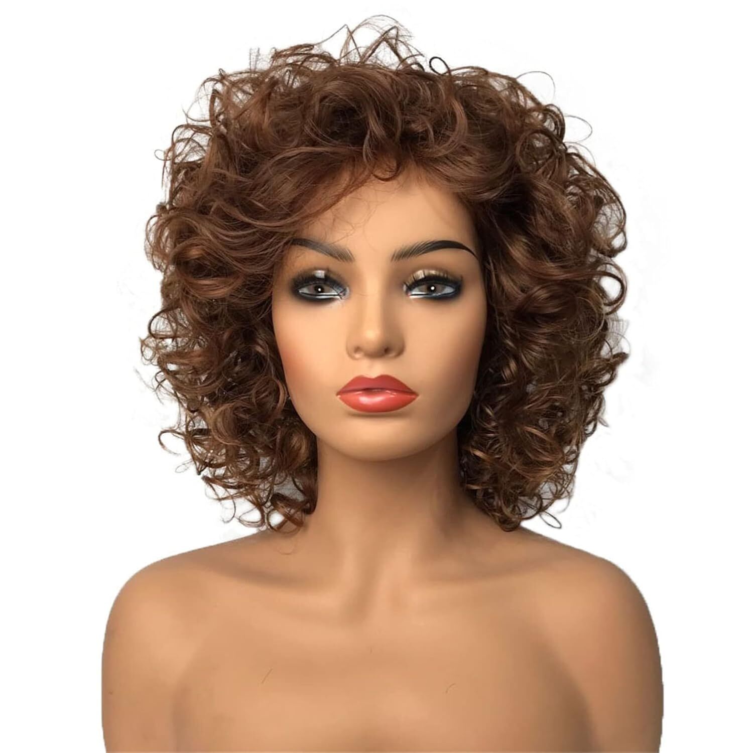 Curly Women Wigs Natural Synthetic Wig Dark Auburn With Highlight Medium