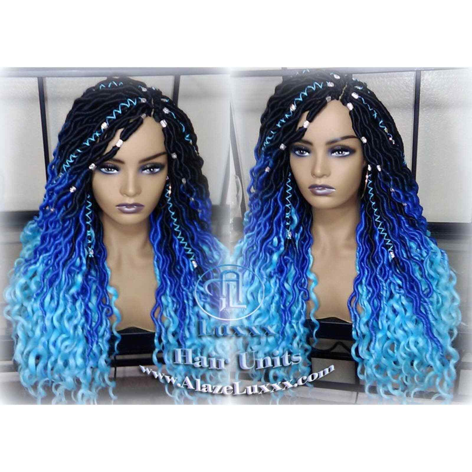 Blue Ombre Goddess Faux Locs Dreadlock Wig Mermaid curly boho bohemian