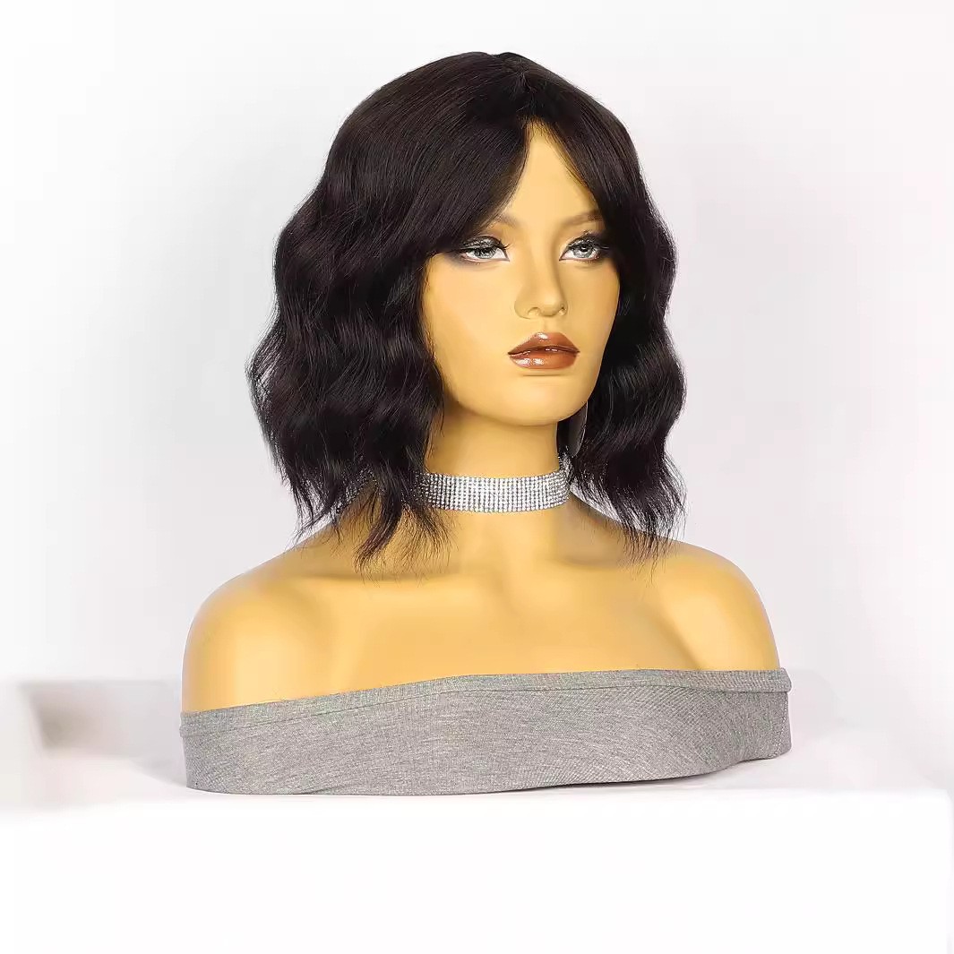 Side Swept Bangs Water Wave Short Wig Heat Resistant Synthetic Full Head Wig