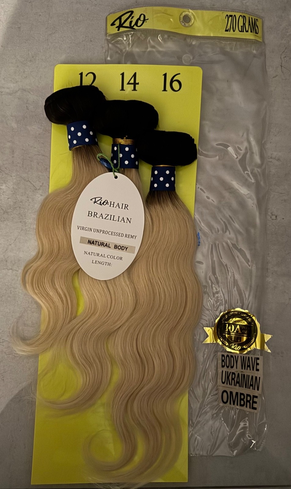 Rio 100% Virgin Remy Hair Body Ombre Color 12”14”16” T1B/613