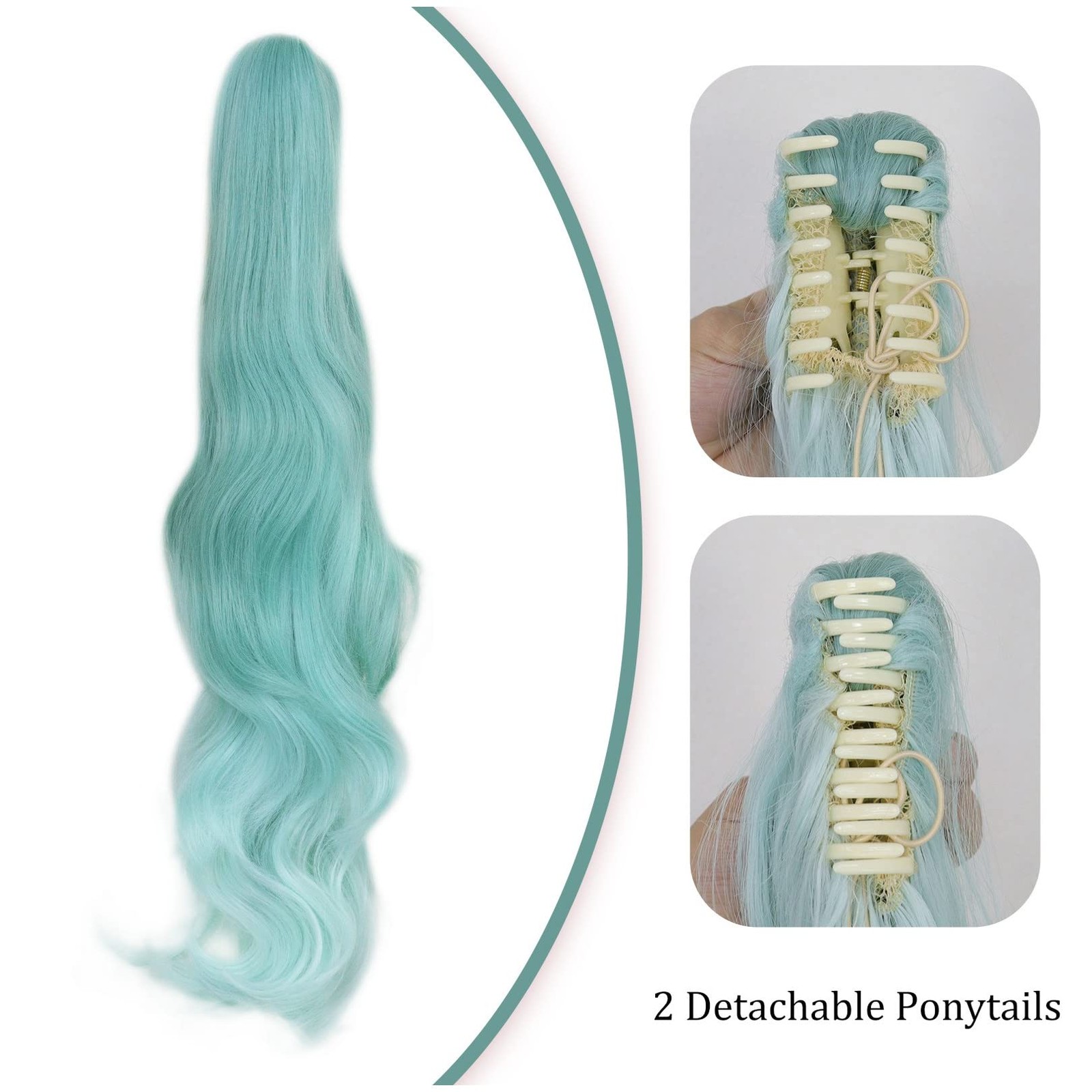 Long Green Cosplay Wig 4PCS Set (1 Hair Cap+2 Black Ribbons+1 Wig) With 2 Wav…