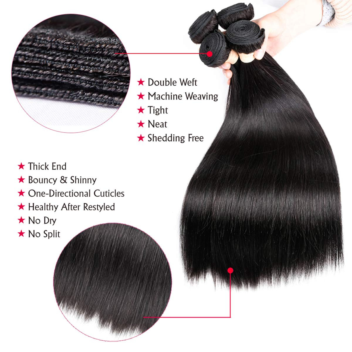 7A Brazilian Straight Hair 3 Bundles with Lace Closure (8 10 12+12 Free Part clo