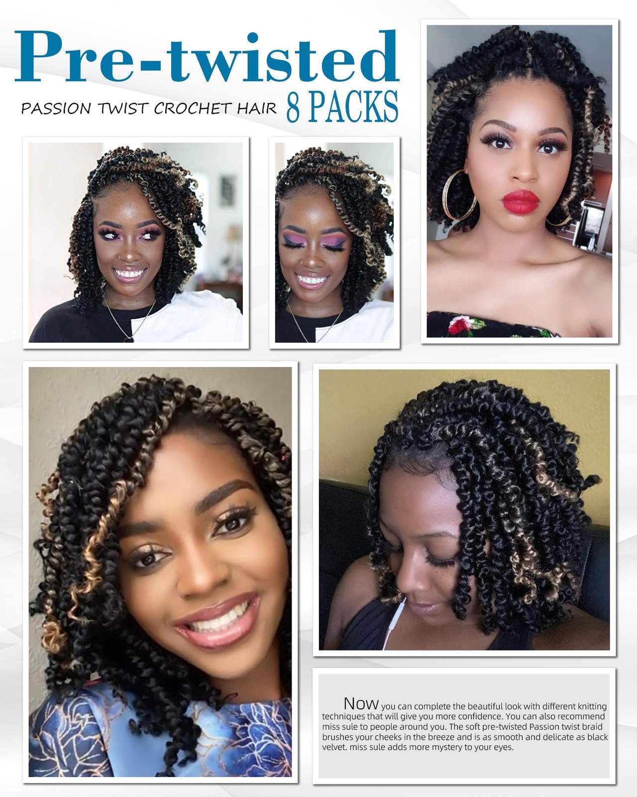 Miss Sula 8 Inches 8 Packs Passion Twist Crochet Hair-Mixed Color Combination