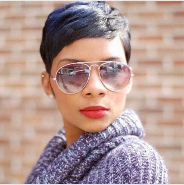 100% Human Hair Straight Short Pixie Cut Black Wig Machine Made Daily New