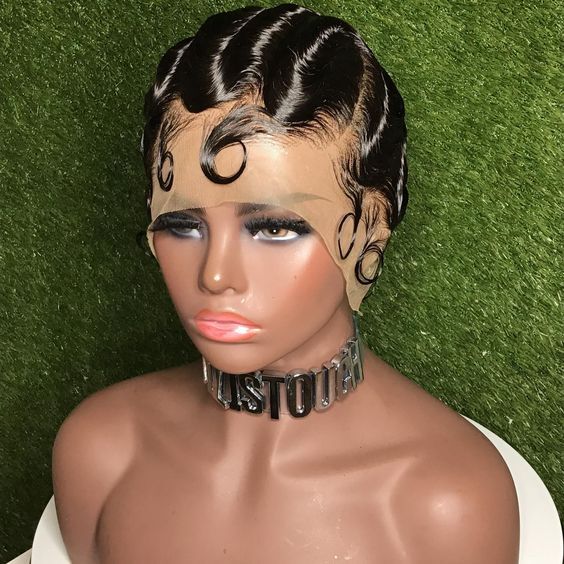 Short Finger Wave Wig Curly Black Sexy Wigs L Part Lace Front wigs for Party