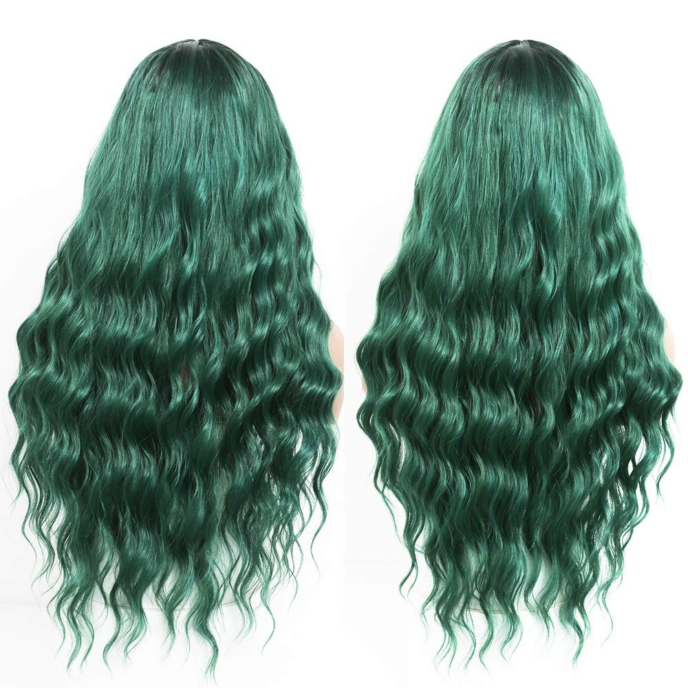 Green Wig with Bangs Blue Color Wig Wet and Wavy Long Loose Curly Wave Synthe…