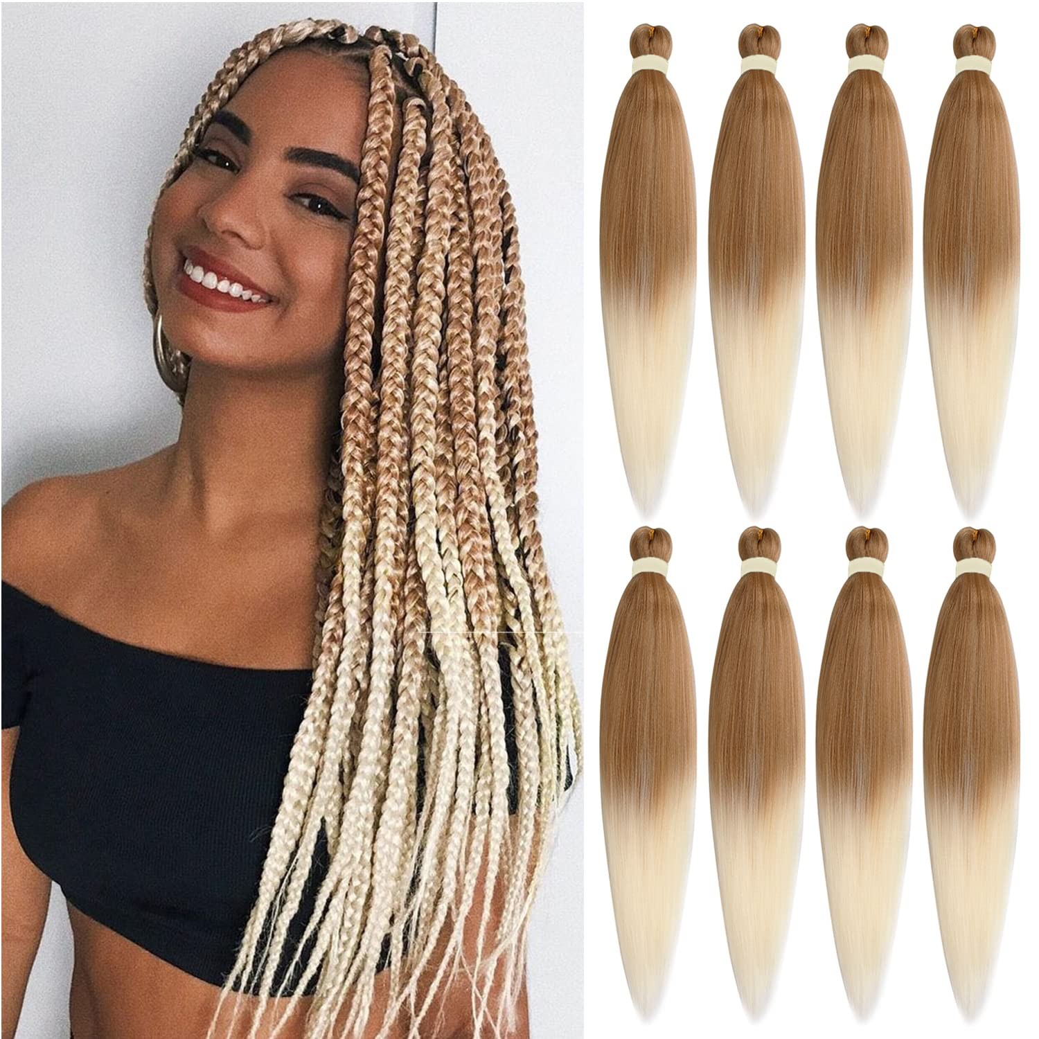Leeven 36″ 8 Packs Pre Stretched Braiding Hair Ombre EZ Braid – Yaki Texture