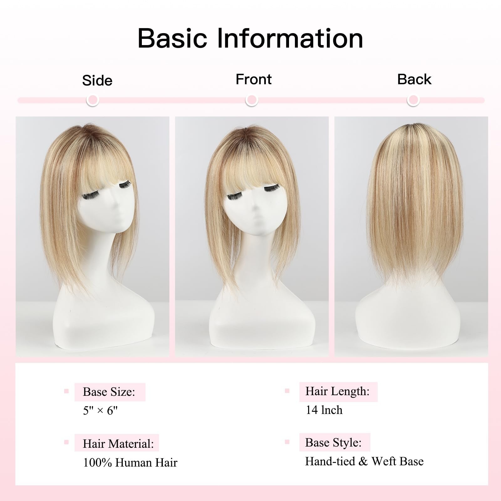 14″ Human Hair Topper for Women – Swiss Lace Base, 3 Non-Slip Clips, Natural Loo