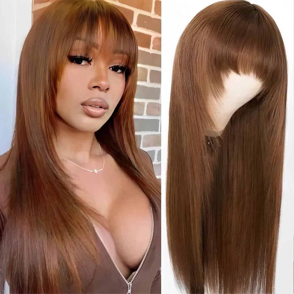 UNice Cambodian Brown Yaki Straight Human Hair Wig with Bangs Lace Wig Layer Cut