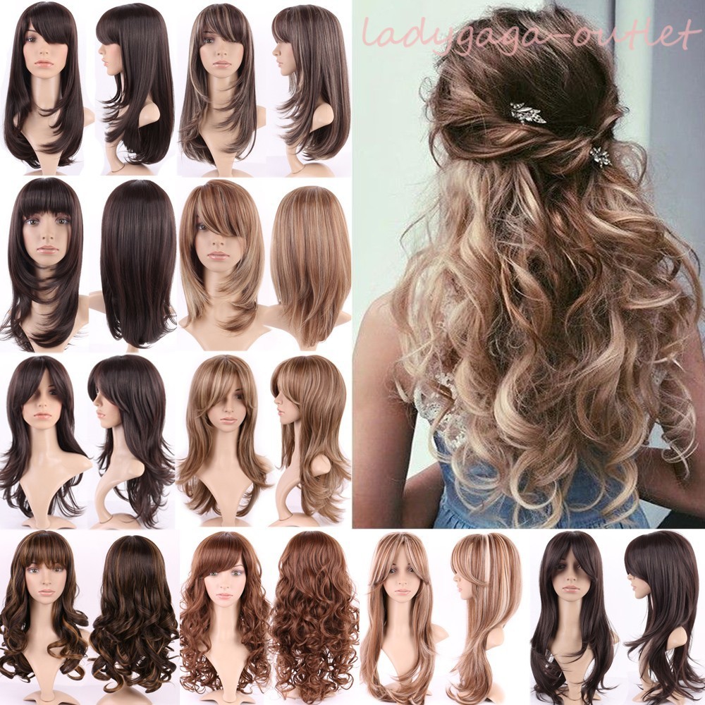 Women Long Wig with Bangs NEW Curly Wavy Stylish Party Costume Hair Full Wigs US