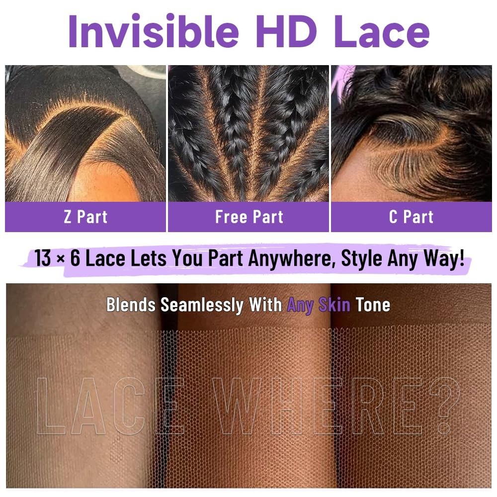 32″ 13×6 Lace Front Wig Human Hair, 200% Density, Pre-Plucked, Silky Smooth, Nat