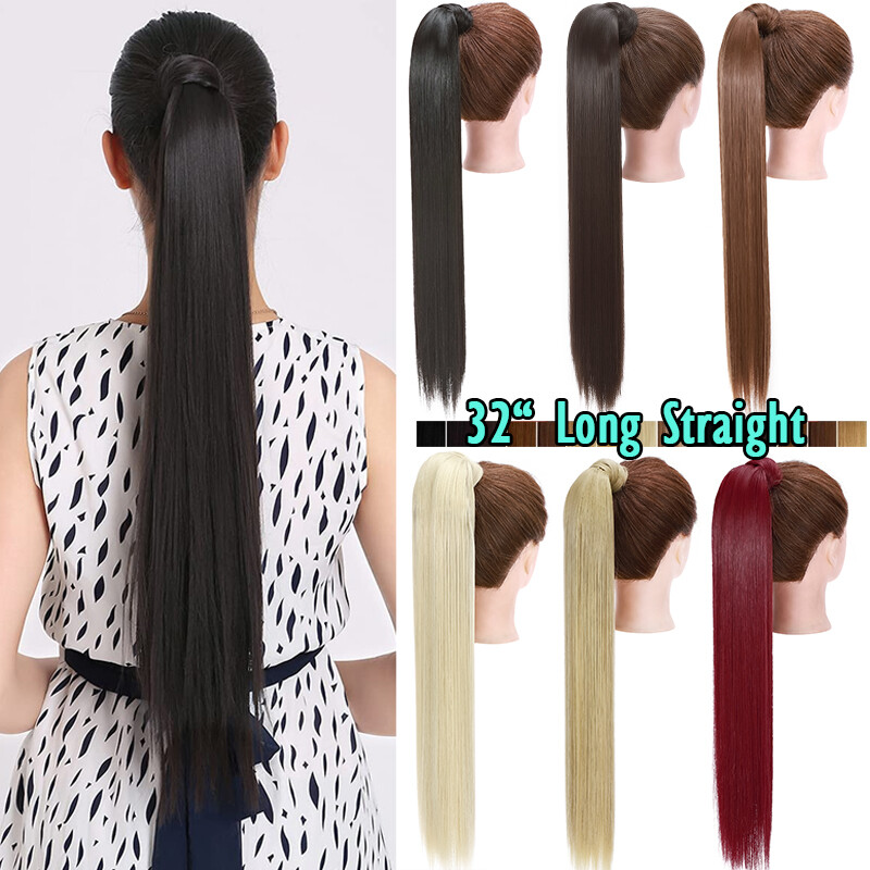 US Black Brown 32″ Magic Tape Ponytail Clip in Hair Extensions Wrap On Pony Tail
