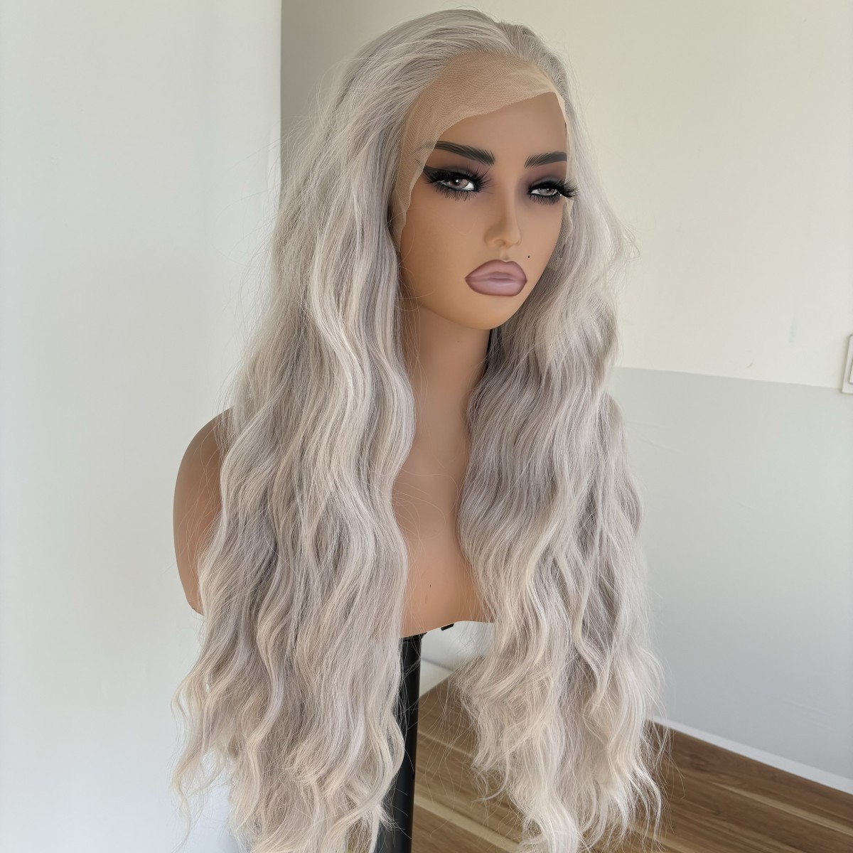 Heat Resistant Hair Long Wavy Silver gray Women T Lace Frontal Wigs Soft