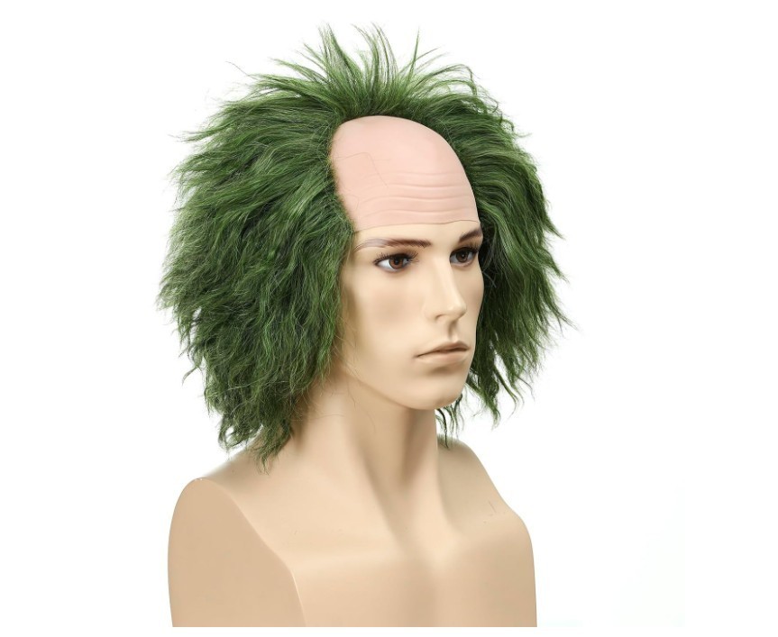 LAXSHZ Gothic Adult Men Short Curly Green Wig with Bald Cap for Halloween