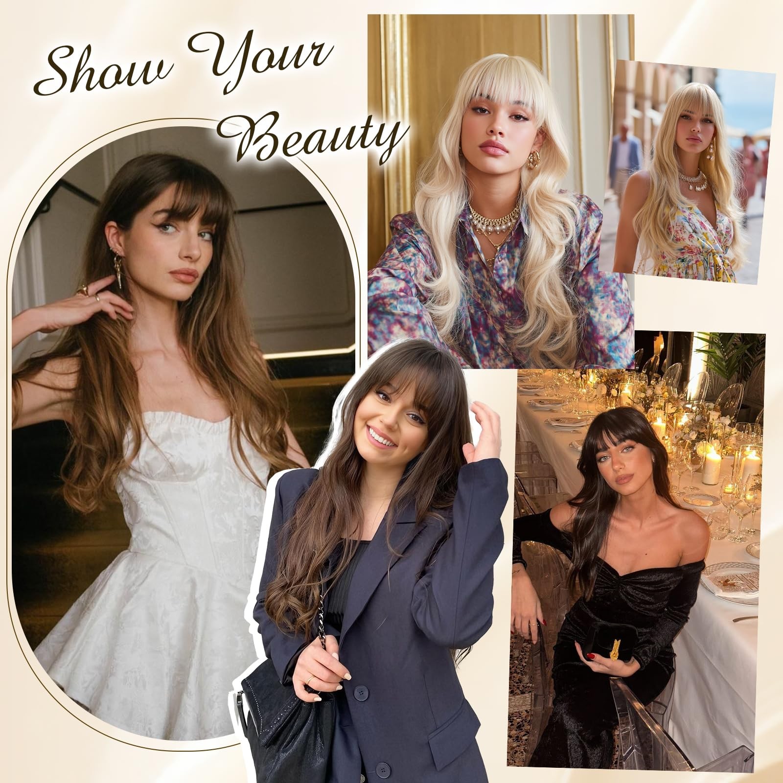 Blonde Brown Wigs with Bangs – Long Layered Natural Looking Synthetic Heat Re…