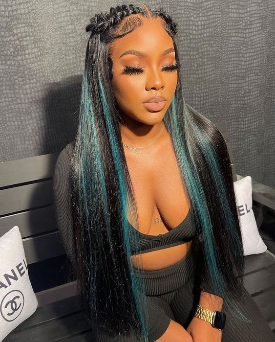 22″ Long Straight Finger Blue Black Wig 13x4tlace Front 100% Remy Human Hair Wig