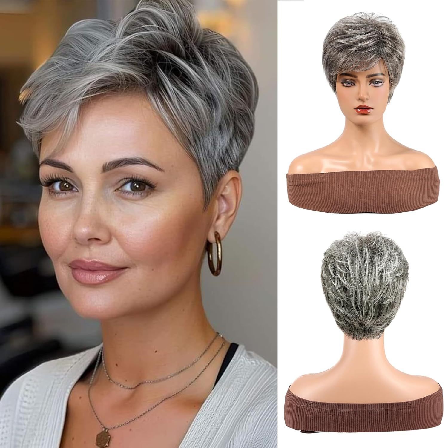 6 Inch Gray Pixie Cut Wig Human Hair Short Mechanized Full Wig