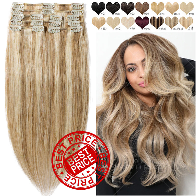 THICK 8PCS Clip In 100% Remy Human Hair Extensions Ombre Full Head Blonde White