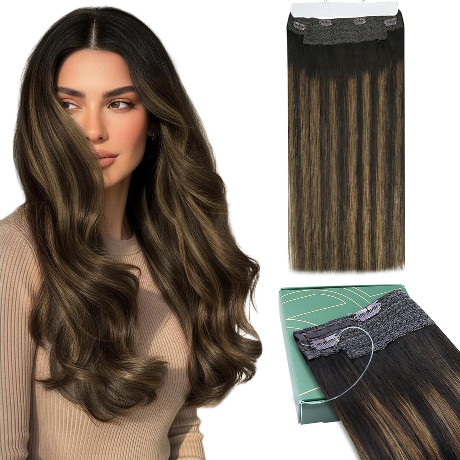 Wire Hair Extensions Real Human Hair, 12 Inch 70g Brown Balayage Invisible Wi…