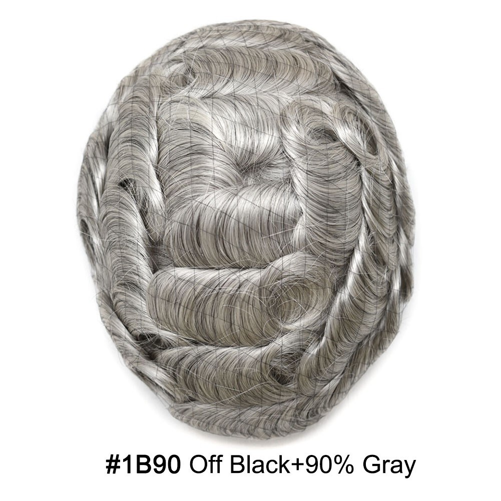 Mens Toupee Gray Hair Replacement System Thin Skin Men Wig Human Hairpieces US