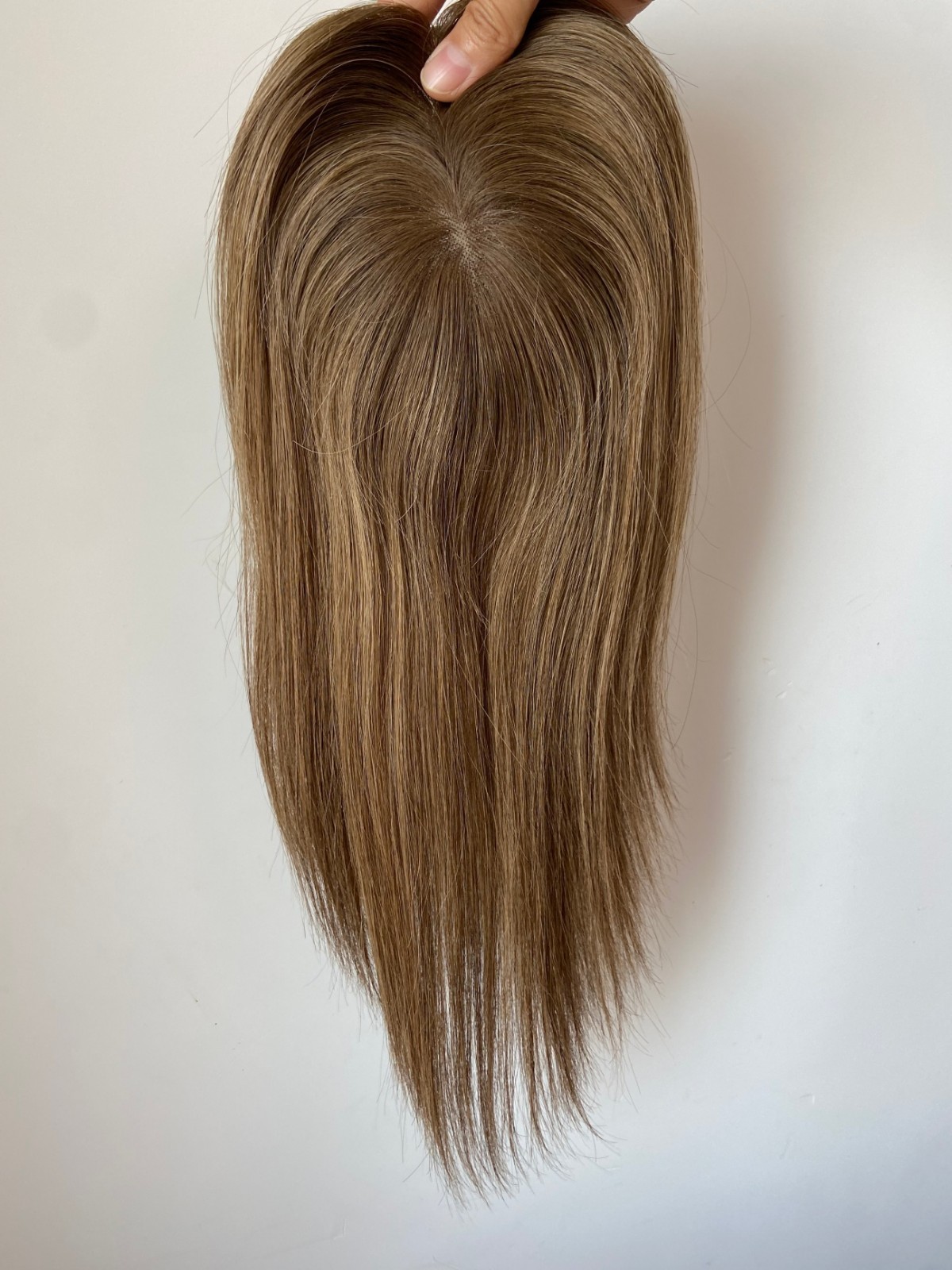 100% HUMAN RUSSIAN HAIR TOPPER MONO 5″X5″ BASE 14″ BROWN FREE PARTING HIGHLIGHTS