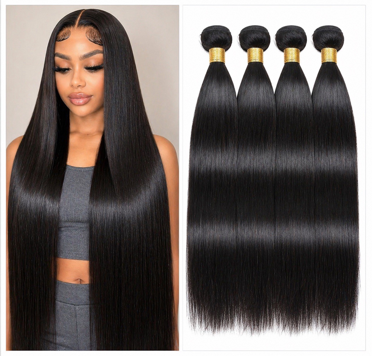 Straight Black Human Hair Weaving Extensions, 24in, Sew-In, Full & Thick, 4pcs