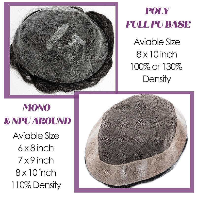 Full Poly Skin Mens Toupee PU Remy Human Hair System Replacement Wigs for Men US