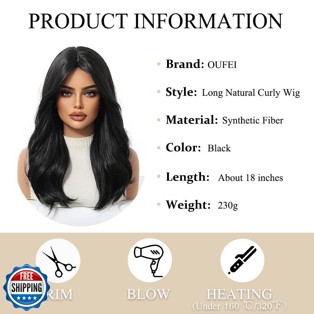 OUFEI Black Wig for Women with Curtain Bangs Natural Straight Curly Synthetic