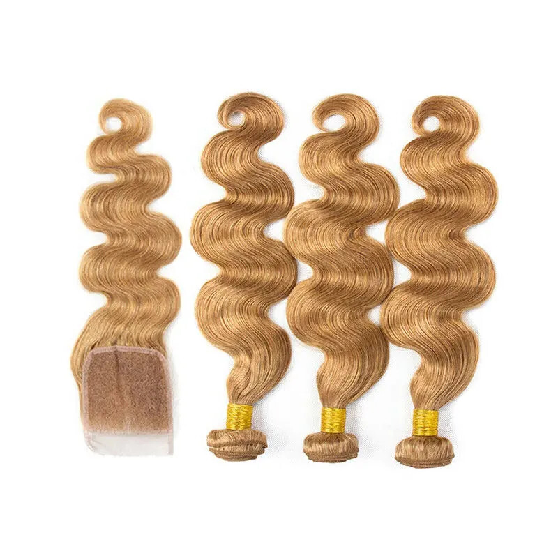 12A BRAZILIAN HUMAN HAIR WEFT 3/4BUNDLES+LACE CLOSURE HONEY BLONDE 27# BODY WAVE