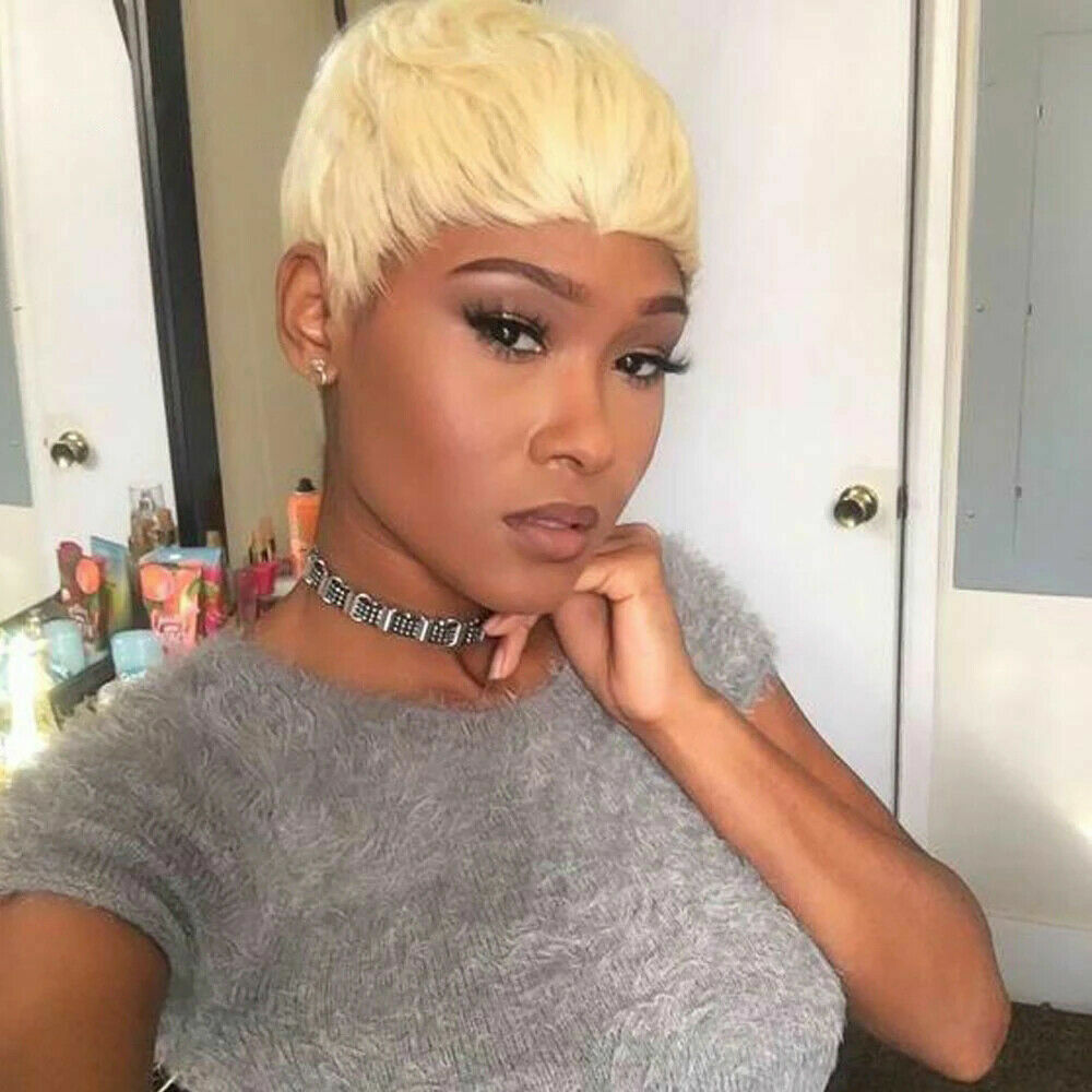 Short Pixie Haircut 100% Human Hair Short Blonde Wigs for Black Women None Lace