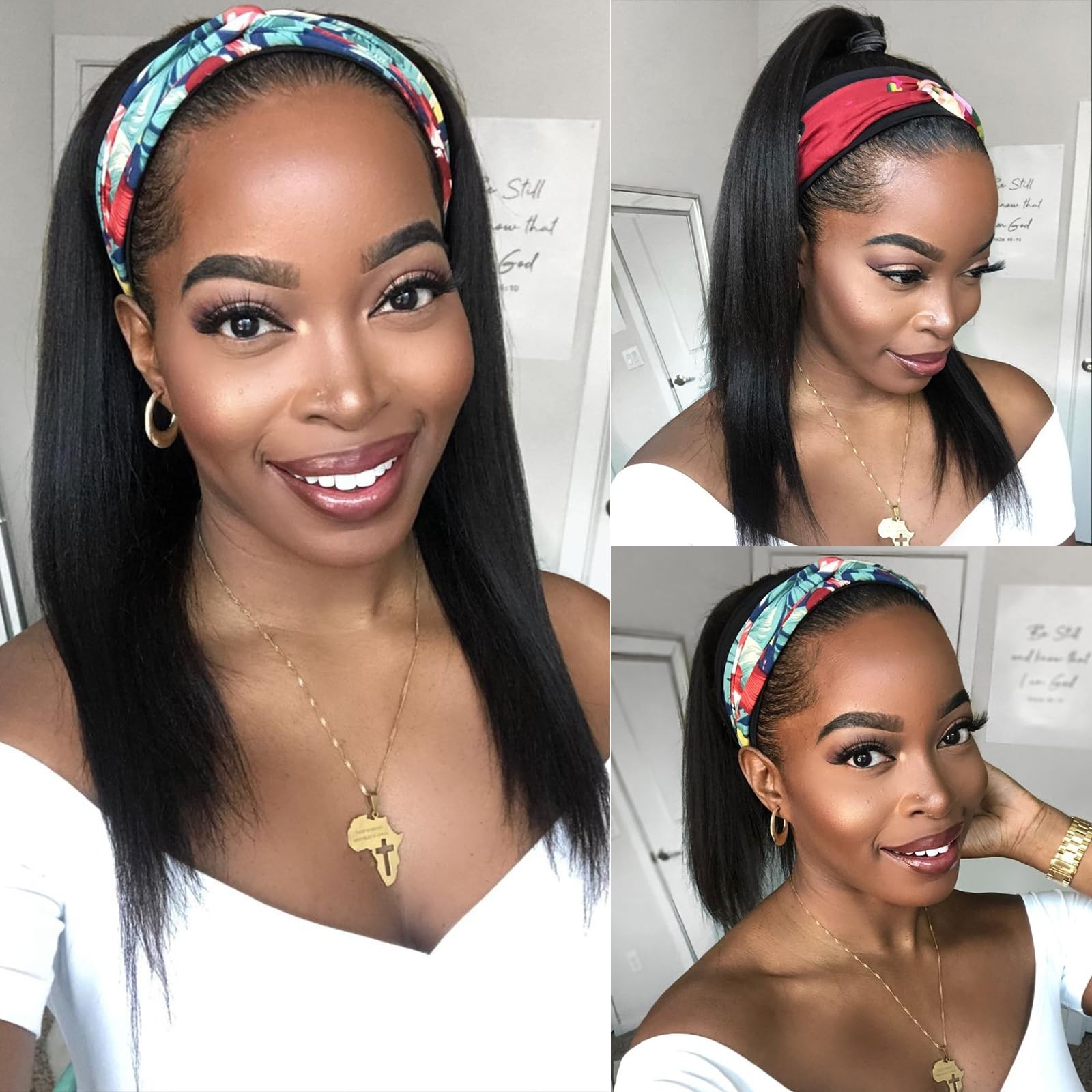 Straight Headband Half Wear and Go Glueless Wigs for Black 180% Density Natur…