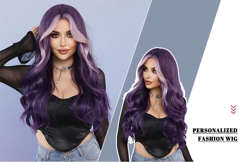 28in Purple Highlighted Pink Long Wavy Wig Heat Resistant Synthetic Cosplay