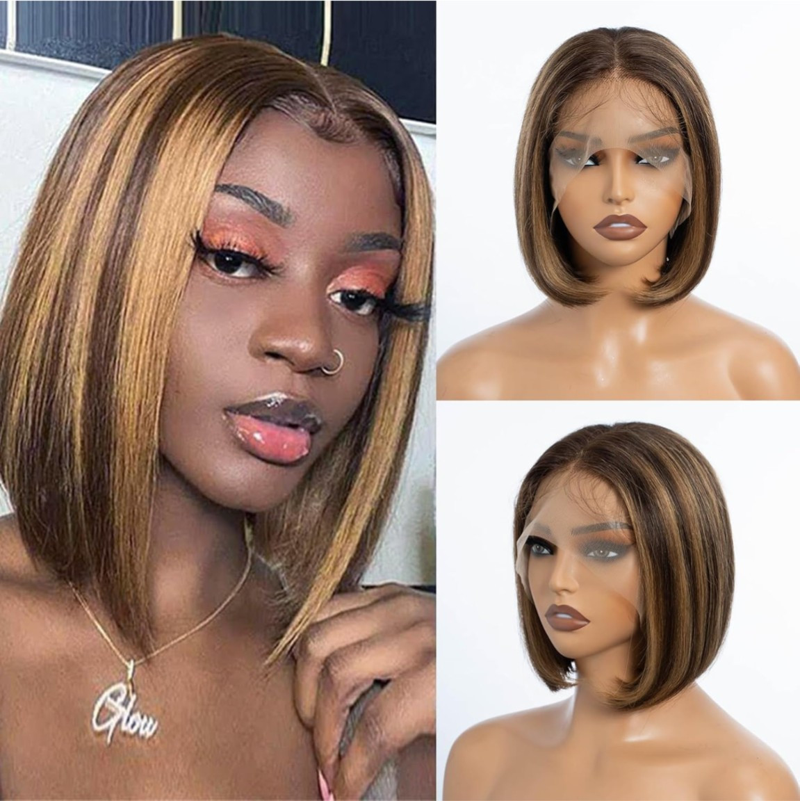DÉBUT 13x4x4 Highlight Human Hair Short Bob Wigs, HD Lace Closure 8″