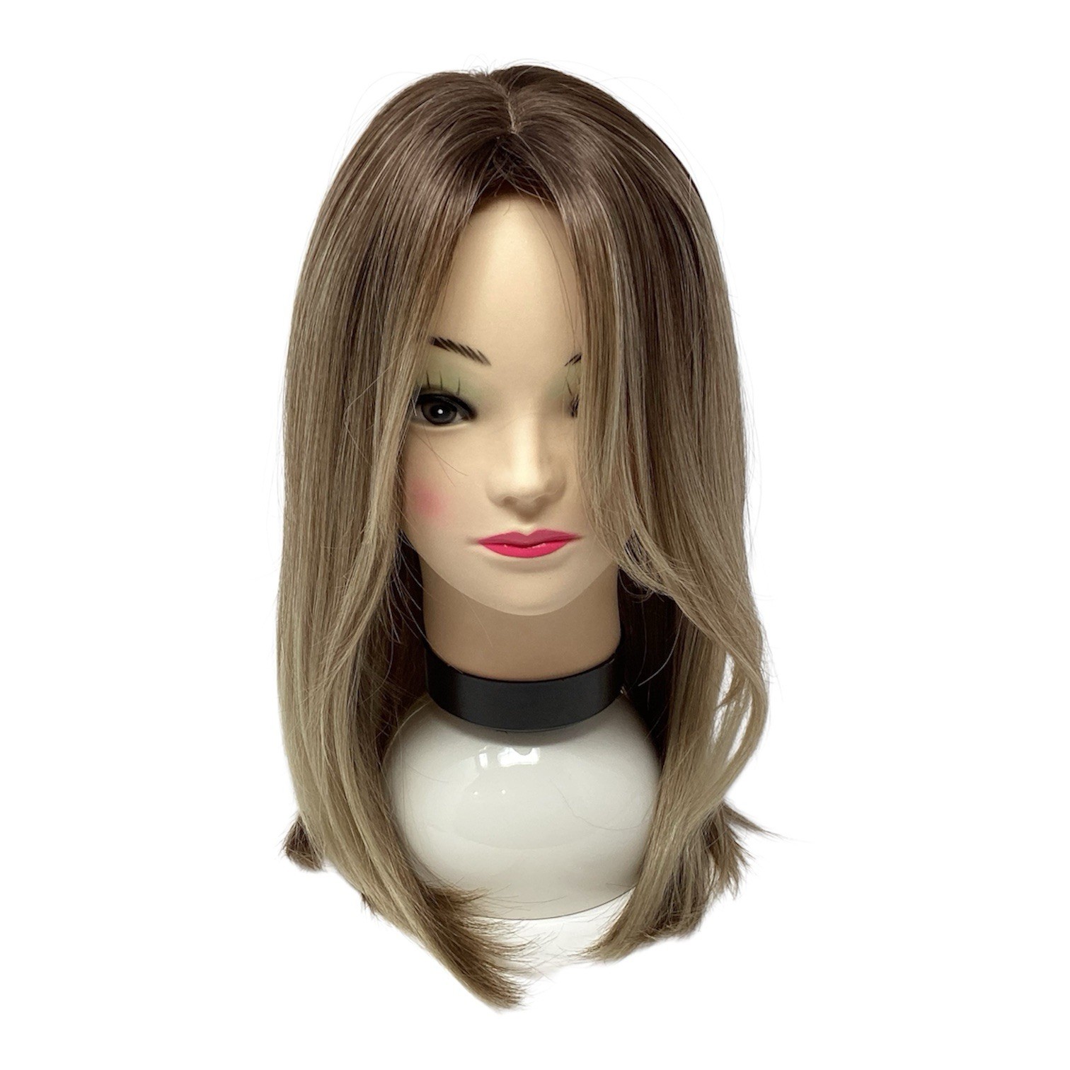 Ash Blond Wig 16” With Bangs Ombré Gradient Dark Roots Rooted Middle Part