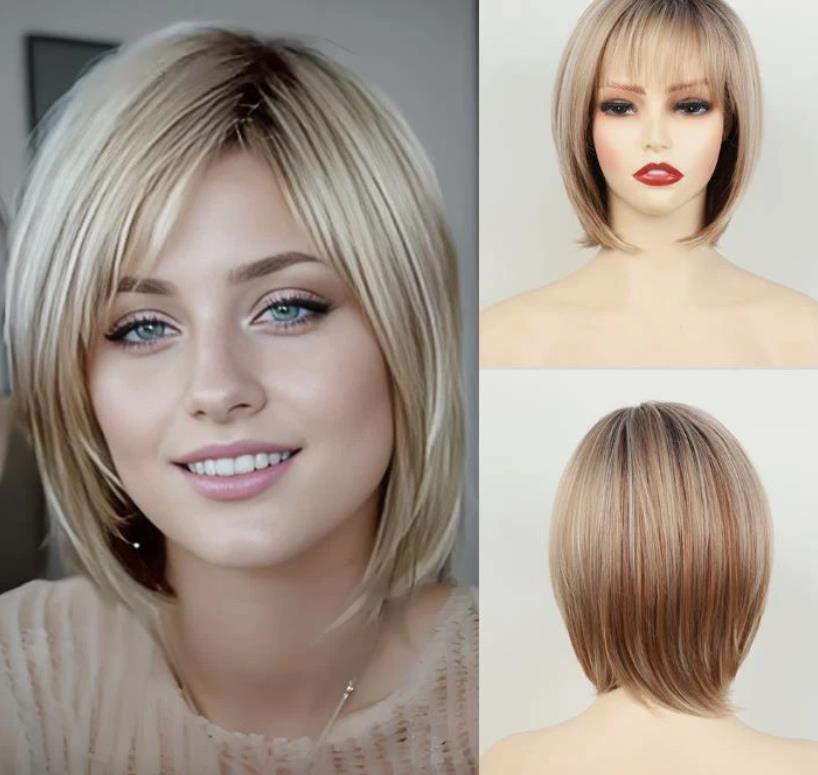 Womens Fashion Short Blonde Bob Wigs Black Roots Heat Resistant Synthetic Hair