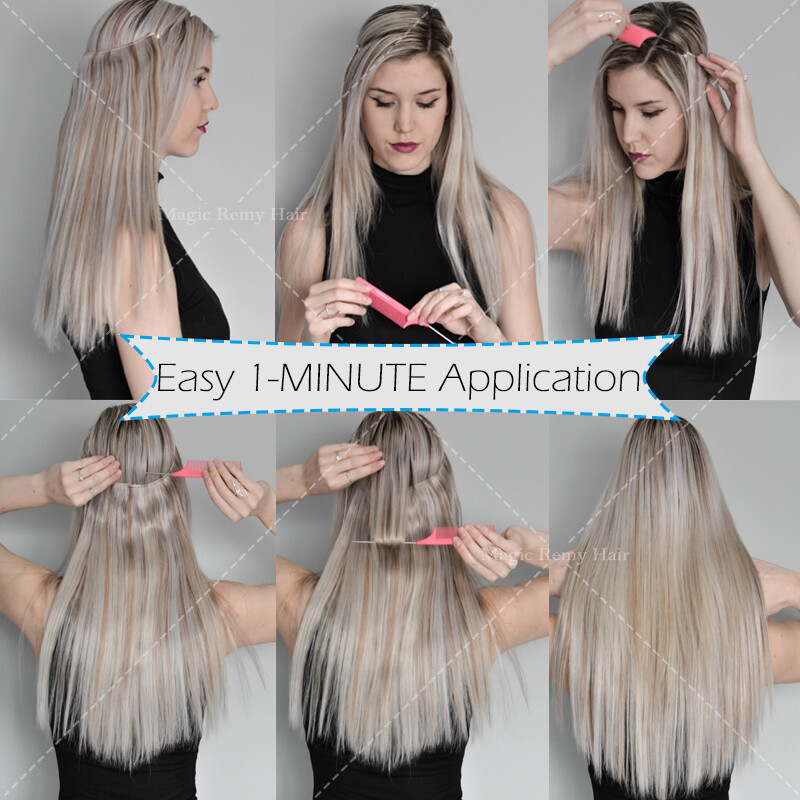 One pieces No Clips Fish Line Hair Wire /on In Remy Human Hair Extensions W56