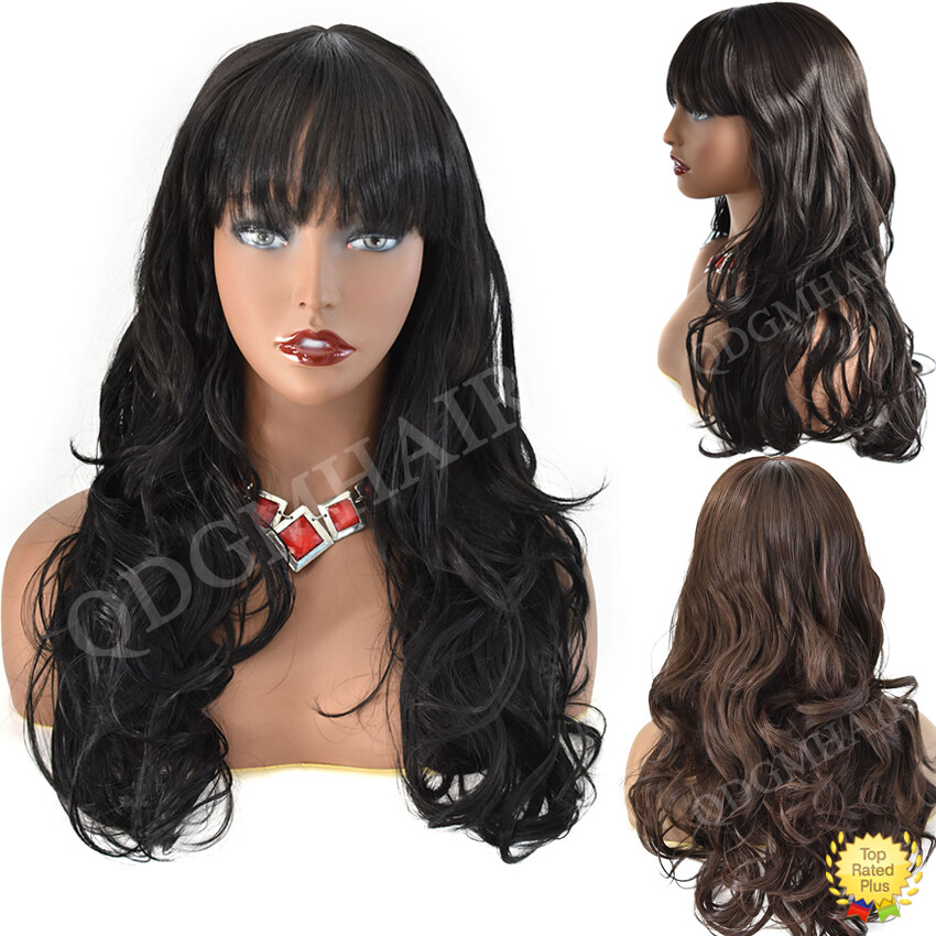 Long Wavy Fashion Cosplay Party Women Wig Bangs Synthetic Black Brown Hair 26″