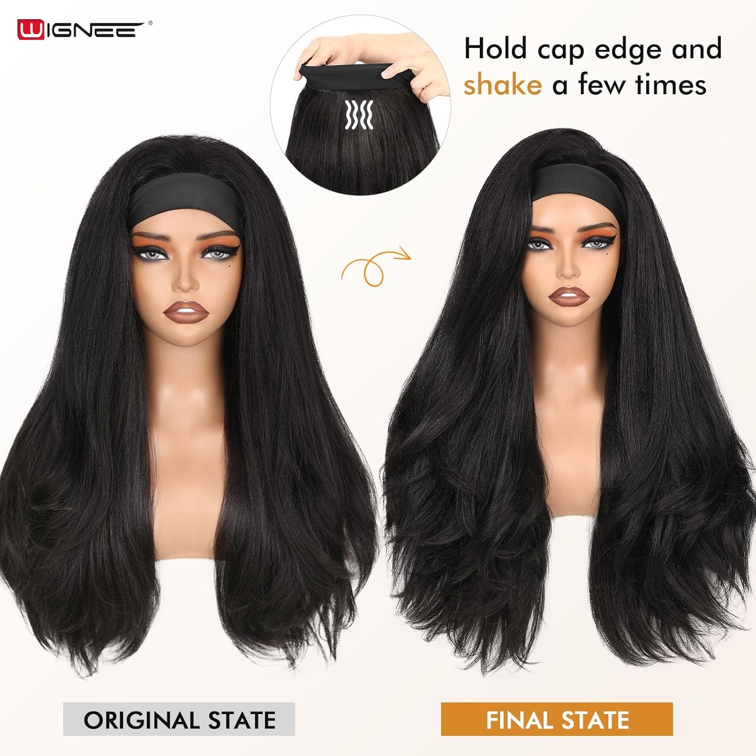 WIGNEE Yaki Curly Headband Wig Synthetic Layered Kinky Straight Half Wig Wear an
