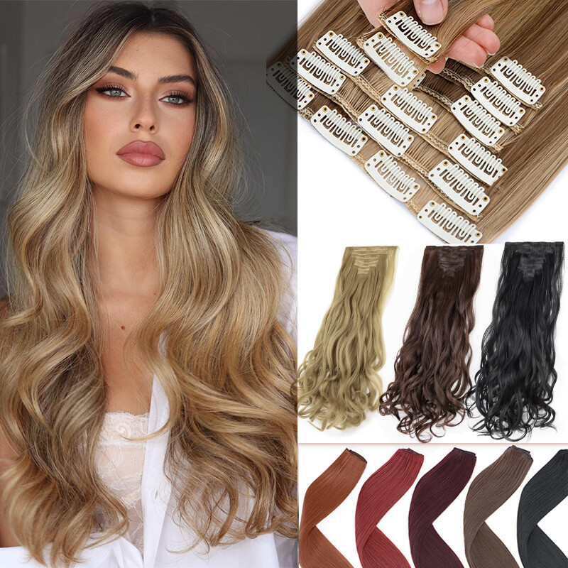 100% Real Natural Full Head Clip in Hair Extensions Synthetic 8Pcs Straight Wavy
