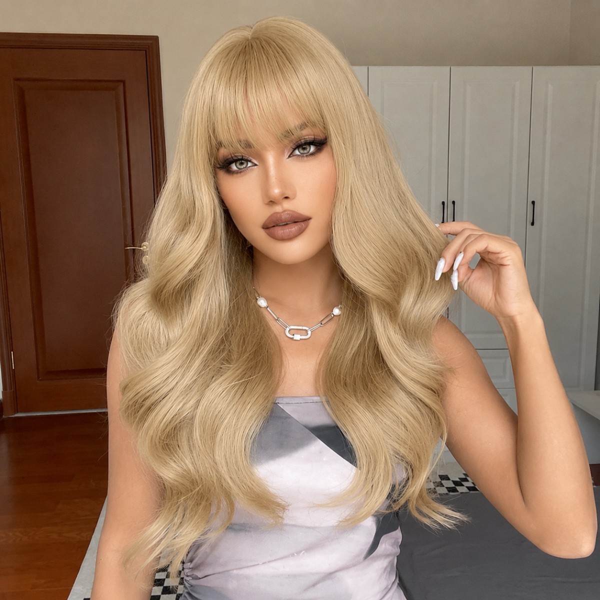 Cosplay Party Wig With Bangs Long Wavy Light blonde Synthetic Hair