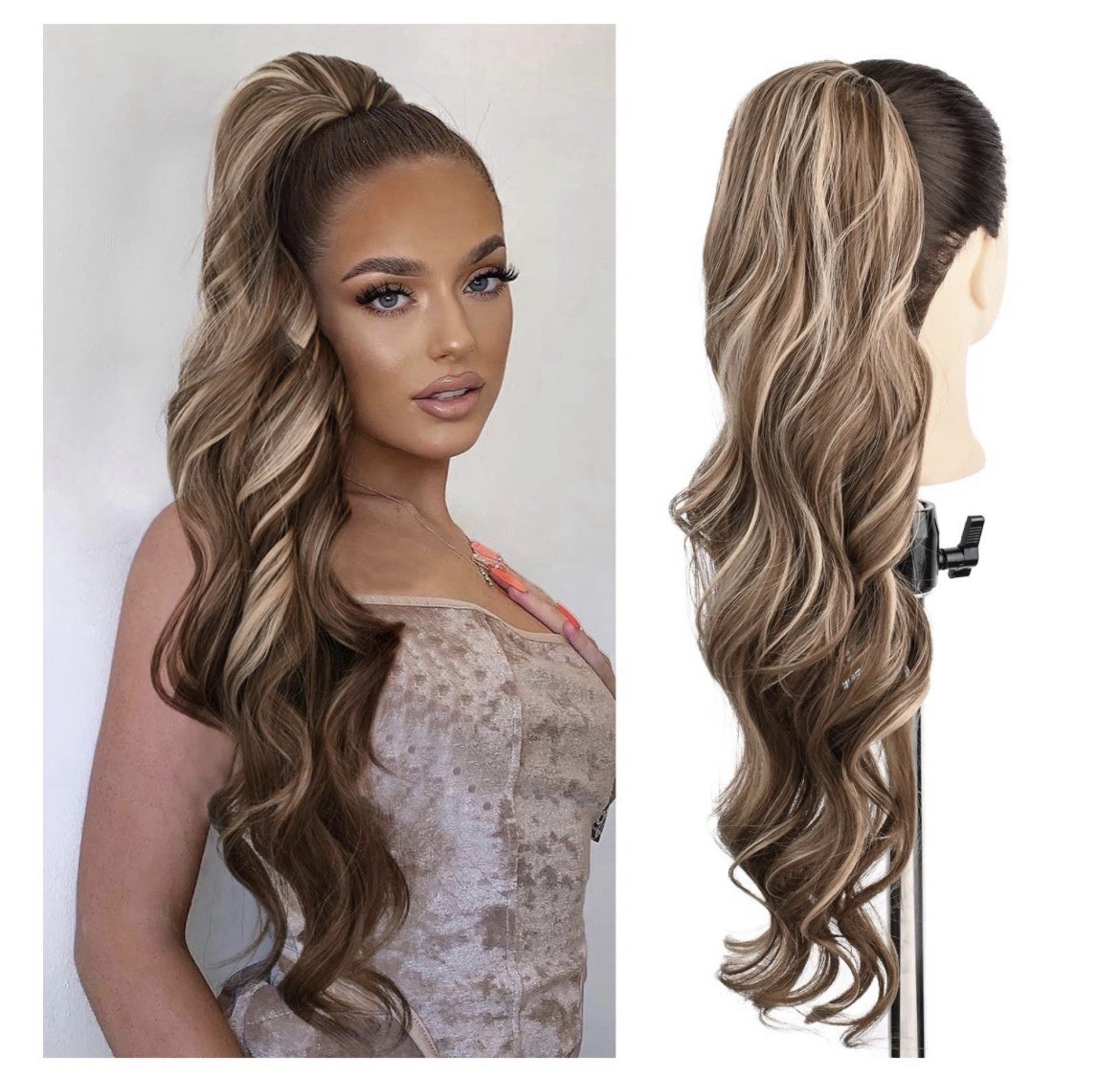 14” Synthetic Hair Brown With Highlights Ponytail Extension Claw Clip Elastic