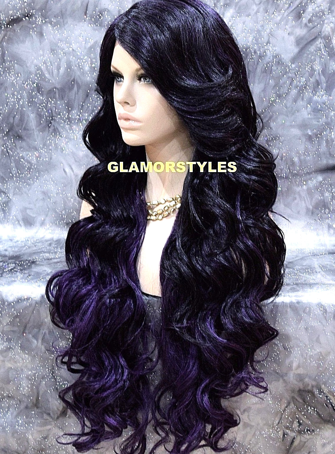 LACE FRONT FULL WIG EXTRA LONG LAYERED WAVY BLACK PURPLE MIX HEAT OK NWT