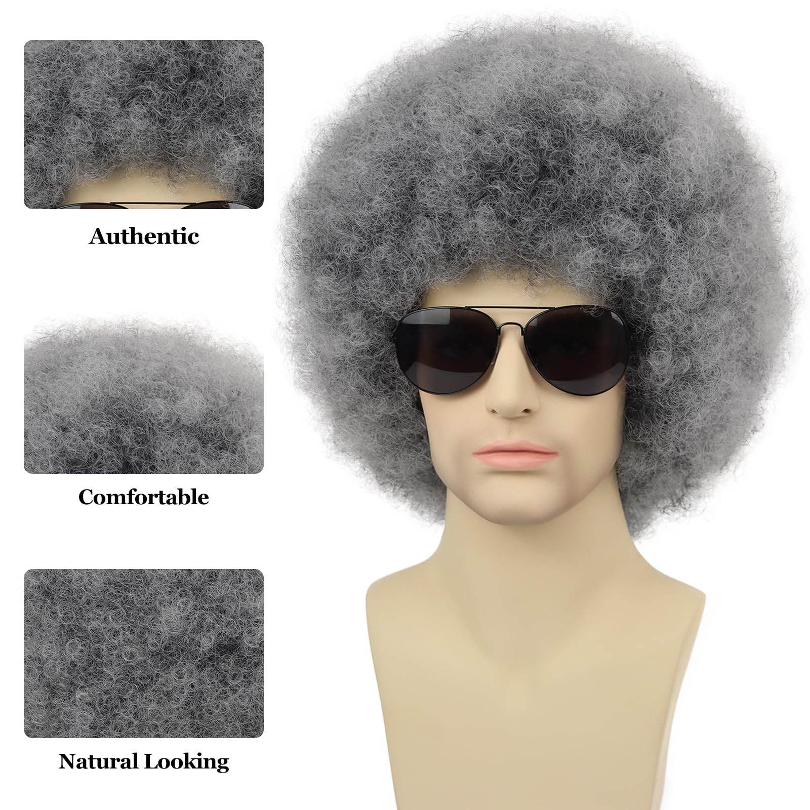 Fluffy Short Grey Afro Wig with Glasses – Heat Resistant Curly 70s 80s Costume P