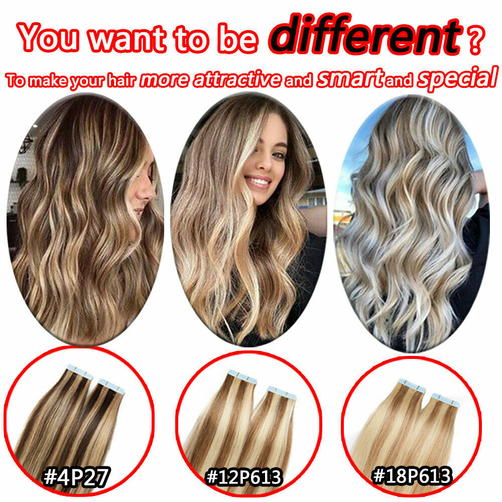 Seamless Tape in Remy Human Hair Extensions Skin Weft Balayage Highlight Hair US